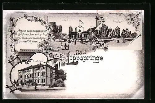 Lithographie Bad Lippspringe, Trinkhalle, Neues Kurhaus, Externsteine