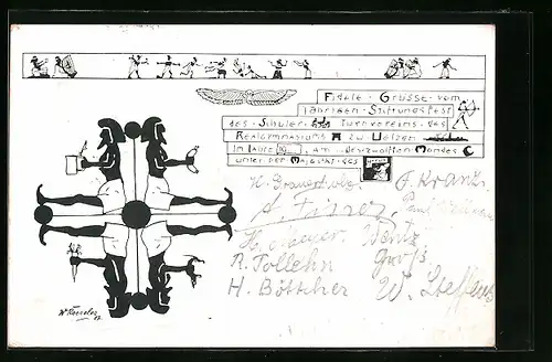 Künstler-AK Uelzen, Stiftungsfest Turnverein des Realgymnasiums, Feiernde Figuren