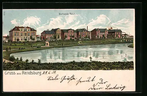Lithographie Rendsburg, Partie am Gerhardsteich mit Blick auf Häuserreihe