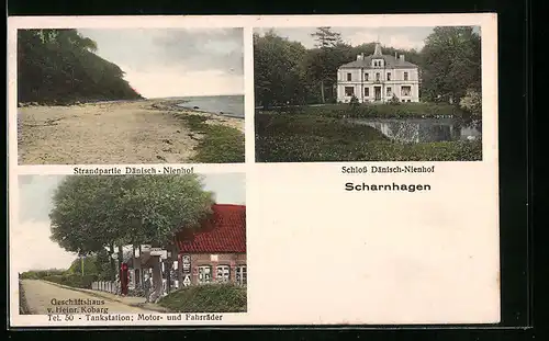 AK Scharnhagen, Geschäftshaus und Tankstation Kobarg, Strand und Schloss Dänisch-Niendorf
