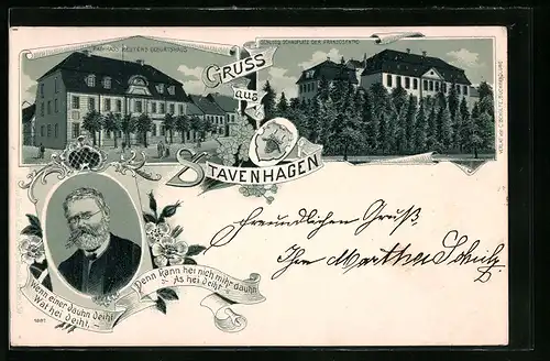 Lithographie Stavenhagen, Fritz Reuters Geburtshaus, Portrait Fritz Reuter, Schloss