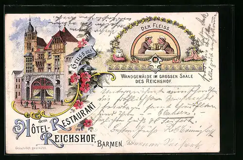 Lithographie Barmen, Hotel-Restaurant Reichshof mit Wandgemälde