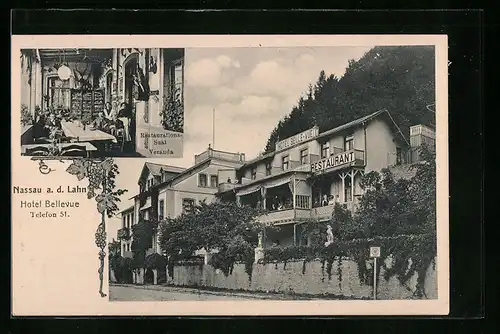 AK Nassau /Lahn, Hotel Bellevue, Strassen- und Innenansicht