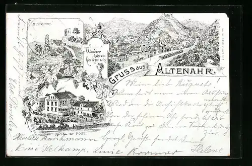 Lithographie Altenahr, Teilansicht mit Bahnhof, Hotel zur Post