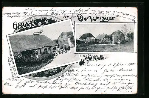 Passepartout-AK Owschlag, Gasthaus Owschlager Mühle, Ortspartie