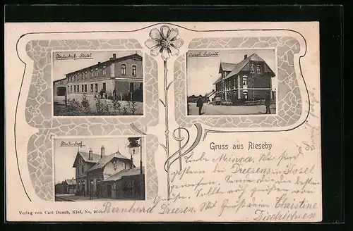 Foto-AK Rieseby, Bahnhof, Bahnhofs-Hotel, Postamt