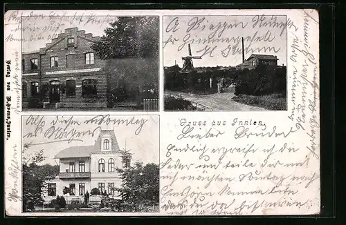 AK Innien, Strassenpartie mit Windmühle, Villa, Geschäftshaus
