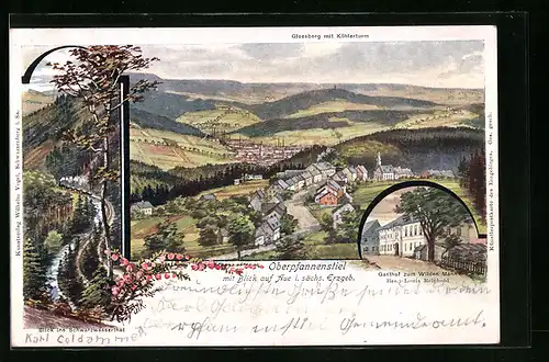 Künstler-AK Oberpfannenstiel, Ortsansicht mit Blick auf Aue, Gasthof zum Wilden Mann