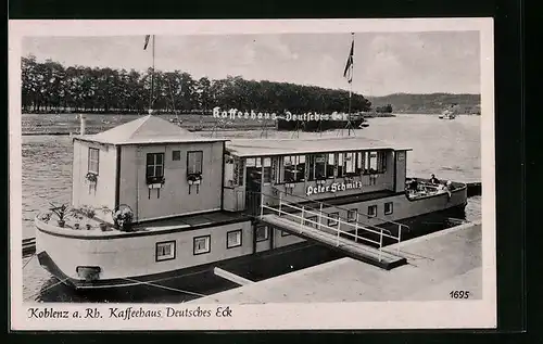 AK Koblenz /Rh., Boots-Kaffeehaus Deutsches Eck am Anlegesteg