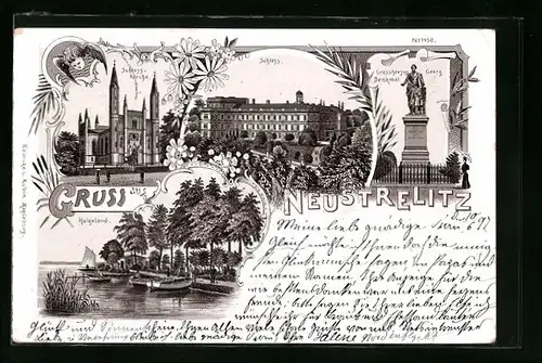 Lithographie Neustrelitz, Schloss, Helgoland, Grossherzog Georg-Denkmal
