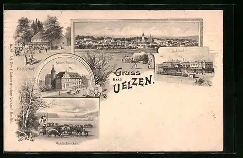 Passepartout-AK Uelzen, Panorama des Ortes, Fischerhof, Postamt