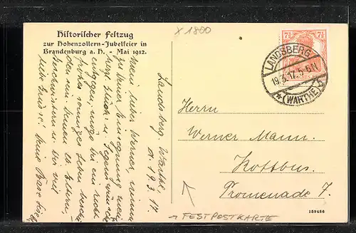 Künstler-AK Brandenburg a. H., Festpostkarte der Hohenzollern-Jubelfeier 1912, historischer Festzug, Schwertleite