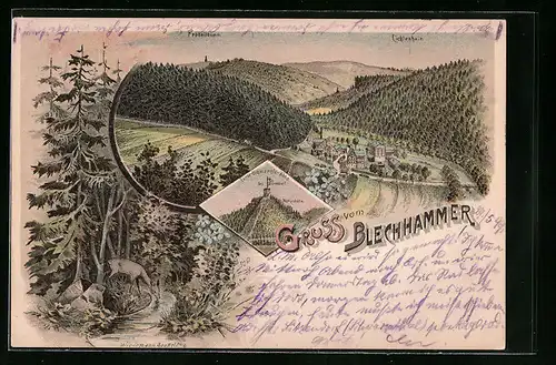 Lithographie Blechhammer, Dorf aus der Vogelschau, Fürst-Bismarck-Höhe