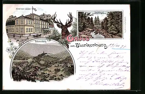 Lithographie Blankenburg, Hotel zum Löwen, Schwarzburg