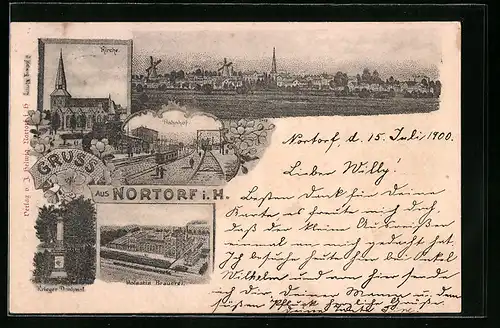 Lithographie Nortorf i. H., Bahnhof, Holsatia Brauerei, Krieger-Denkmal