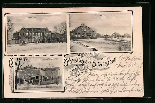 AK Stafstedt, Schmidt`s Bäckerei, Bahnhof, Dorfstrasse