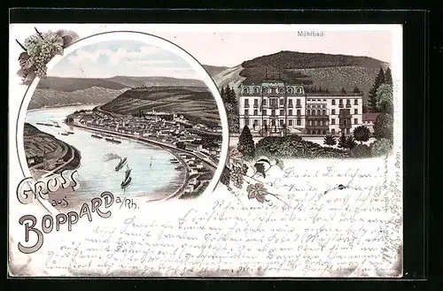 Lithographie Boppard a. Rh., Panoramablick auf Ort und Rhein, Hotel Mühlbad