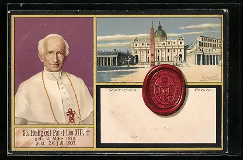 Lithographie Rom, Vatikanstadt, Sr. Heiligkeit Papst Leo XIII., Petersdom am Petersplatz