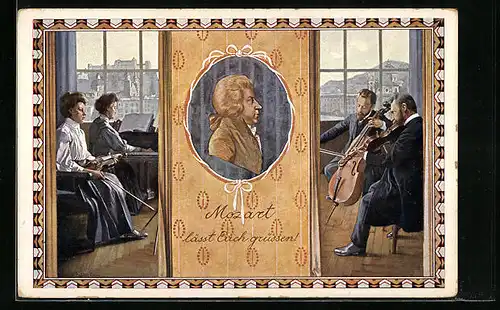 AK Porträt Mozarts, Mitglieder eines Orchesters üben ein Werk Mozarts