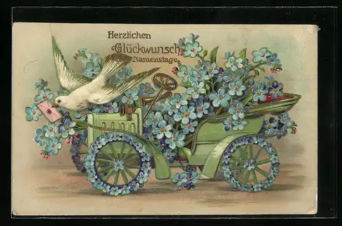 AK Blumenbild mit Auto und Friedenstaube