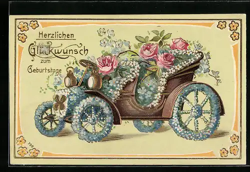 Präge-AK Blumenbild mit einem Auto voller Blumen