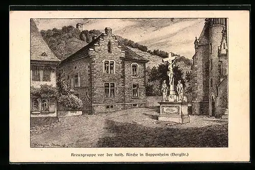 Künstler-AK Heppenheim a. d. B., Kreuzgruppe vor der kath. Kirche