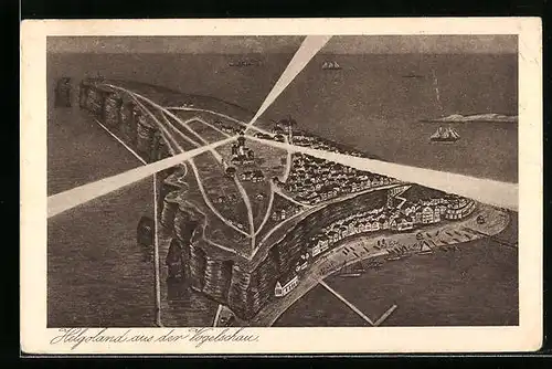 Künstler-AK Helgoland, Gesamtansicht aus der Vogelschau