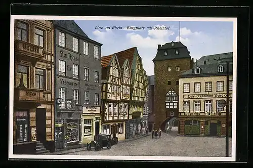 Künstler-AK Linz am Rhein, Strassenpartie am Burgplatz mit Rheintor