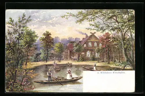 Künstler-AK Wotschofska, Wirtshaus, Kahnpartie