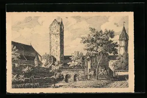 Künstler-AK Ravensburg, Frauentor, Grüner Turm