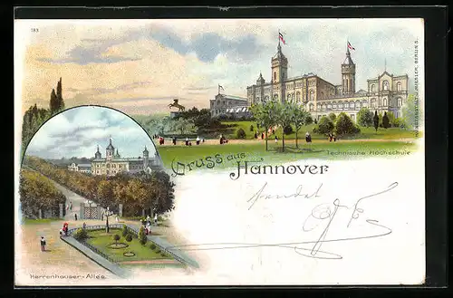Lithographie Hannover, Technische Hochschule mit Herrenhauser Allee