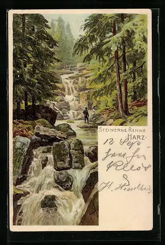 Lithographie Hasserode /Harz, Steinerne Renne mit Wasserfall