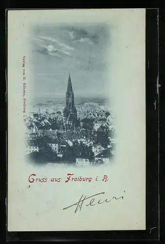 Mondschein-AK Freiburg i. B., Blick auf den Ort mit Kirche