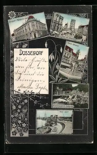 AK Düsseldorf, Moltke-Denkmal, Neuer Hafen und Bergisch-Märkische Bank