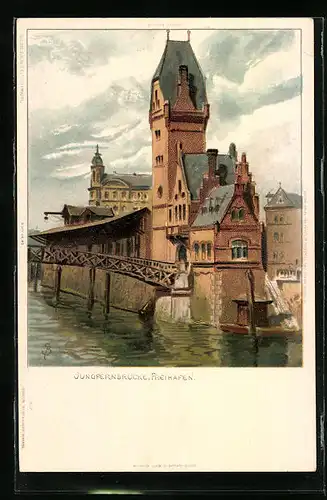 Künstler-AK Hamburg, Jungfernbrücke mit Freihafen