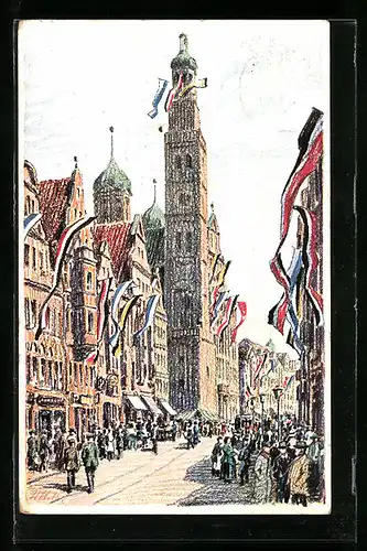 Künstler-AK Augsburg, Karolinenstrasse mit Perlachturm