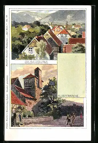 Künstler-AK H. Bahndorf: Ilsenburg, Klosterkirche, Teilansicht vom Ort