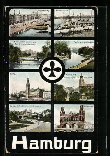 AK Hamburg, Partie am Stadtgraben, Rathaus und Jungfernstieg