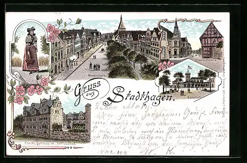 Lithographie Stadthagen, Marktplatz, Obernstrasse, Bahnhof, Fürstl. Schloss