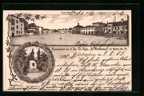 Lithographie Ludwigsburg /Württ., Kasernement des II. Bat. Inf.-Regt. Alt Württemberg No. 121, Chinesenstein