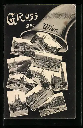 AK Wien, Burgtheater, Maximiliansplatz, Karlskirche, Votivkirche, Franz-Josef-Kai und Stefansdom