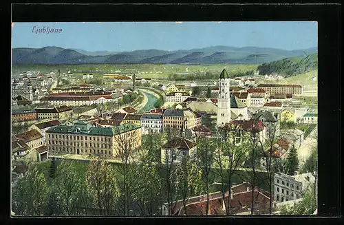 AK Ljubljana, Blick von oben auf die Stadt, Kirche und Fluss