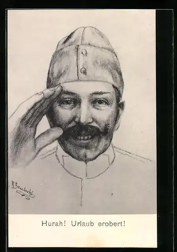 Künstler-AK Hurrah! Urlaub erobert!, lächelnder schweizer Soldat