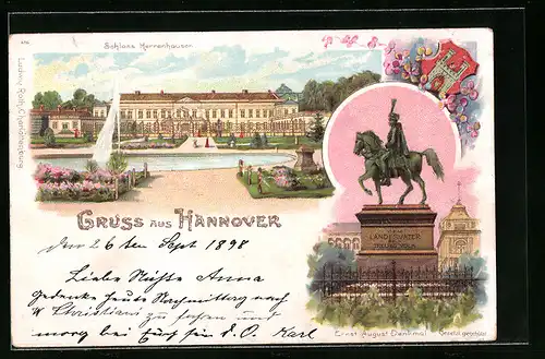 Lithographie Hannover, Schloss Herrenhausen, Ernst August-Denkmal