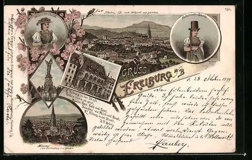 Lithographie Freiburg i. B., Ortsansicht vom Hebsack aus, Münster vom Schlossberg aus