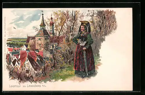 Lithographie Lechfeld b. Landsberg, Frau in prachtvoller bayerischer Tracht, Ortsansicht