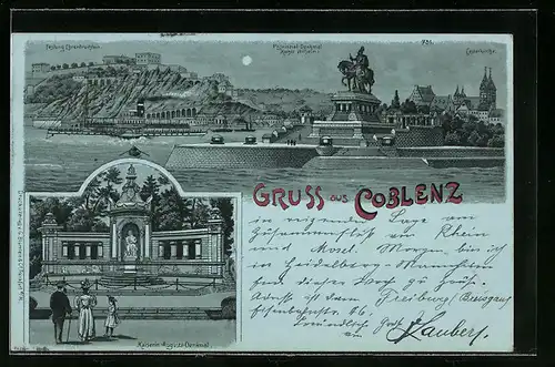 Mondschein-Lithographie Coblenz, Kaiserin Augusta Denkmal, Festung Ehrenbreitstein, Provinzial Denkmal Kaiser Wilhelm I