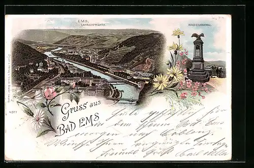 Lithographie Bad Ems, Kriegerdenkmal, Ortsansicht Lahnaufwärts