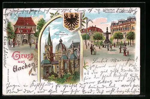 Lithographie Aachen, Dom, Thurmparthie, Kaiserplatz