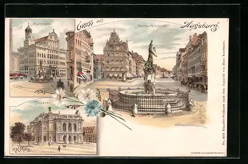 Lithographie Augsburg, Theater, Rathaus, Mercurbrunnen